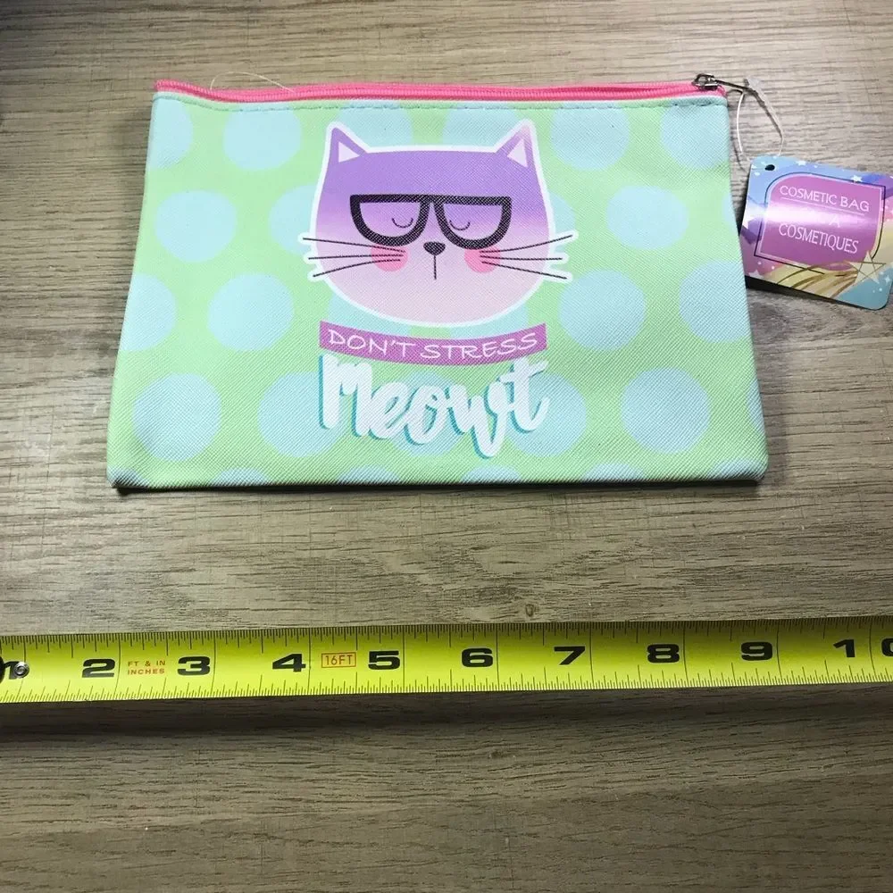 Chic Cat Makeup Bag Pouch with Purple and Green Design